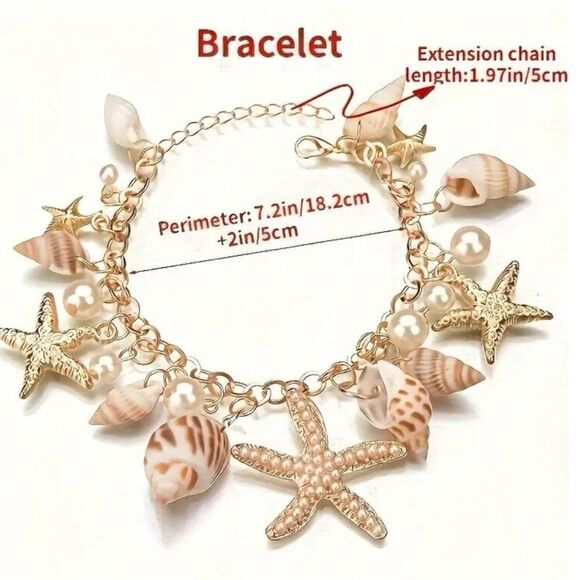 Mermaidcore Boho Nautical Shell Starfish Beach Matching Necklace Bracelet Set - Picture 3 of 4